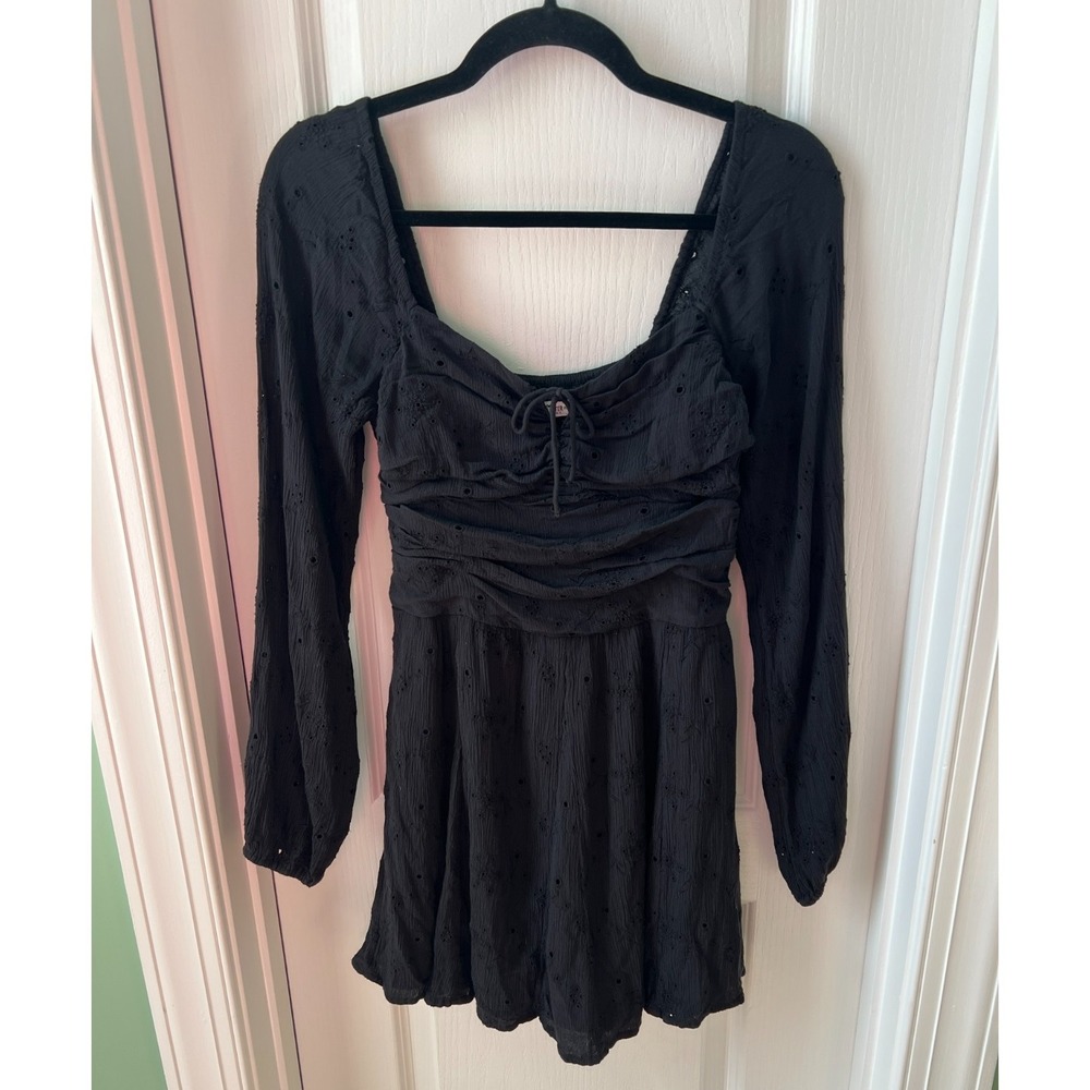 Hollister Black Eyelet‎ Lace Long Sleeve Ruched Mini Dress Romper Women's S